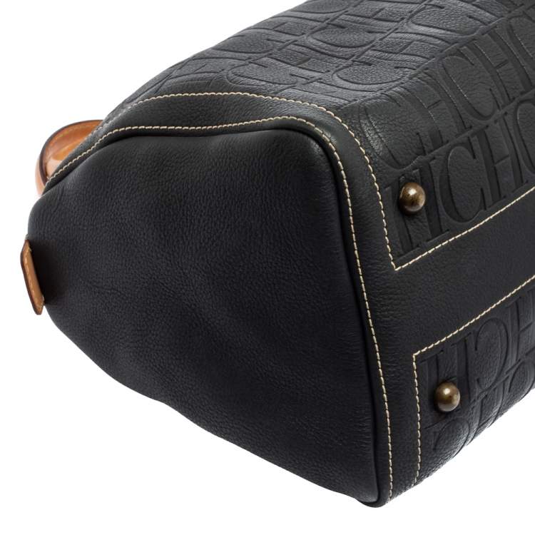 مملوكة مسبقًا Carolina Herrera Black Monogram Embossed Leather Andy Boston Bag