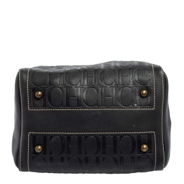 مملوكة مسبقًا Carolina Herrera Black Monogram Embossed Leather Andy Boston Bag