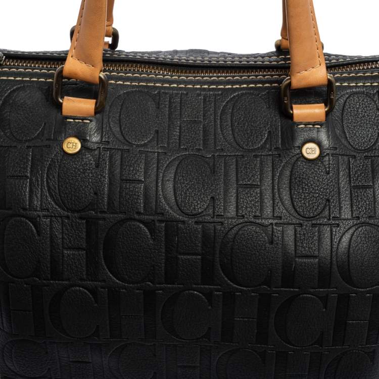مملوكة مسبقًا Carolina Herrera Black Monogram Embossed Leather Andy Boston Bag