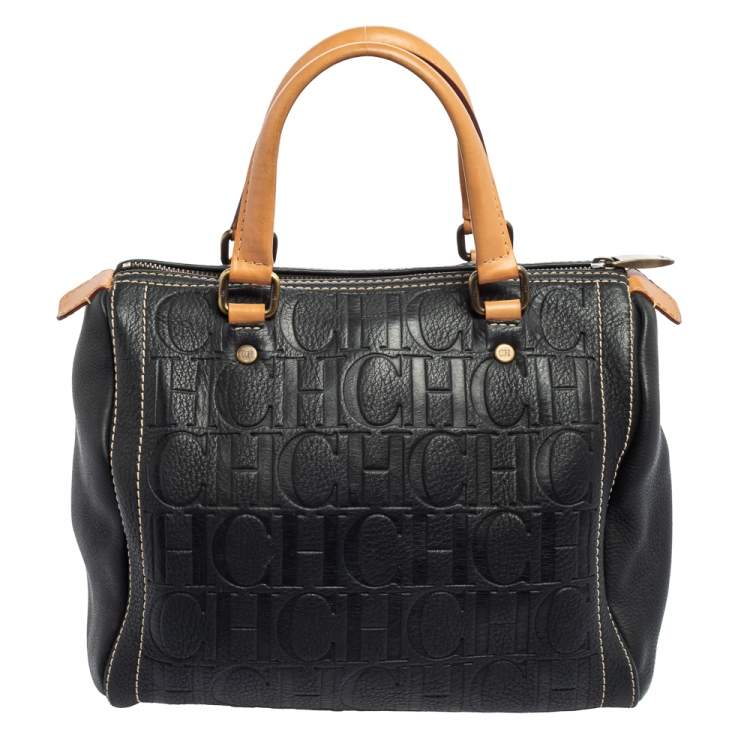 مملوكة مسبقًا Carolina Herrera Black Monogram Embossed Leather Andy Boston Bag