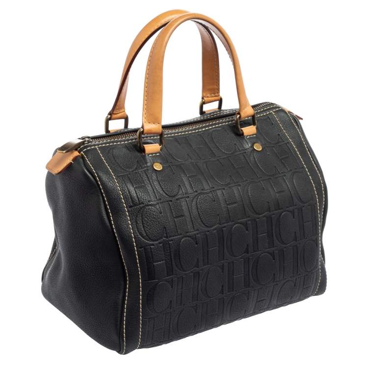 مملوكة مسبقًا Carolina Herrera Black Monogram Embossed Leather Andy Boston Bag