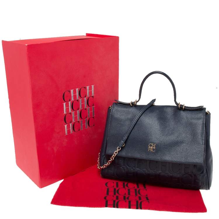 Pre Owned Carolina Herrera Navy Blue Leather Minuetto Flap Top Handle Bag