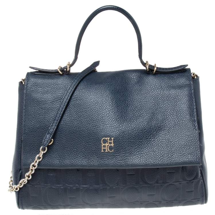 Pre Owned Carolina Herrera Navy Blue Leather Minuetto Flap Top Handle Bag