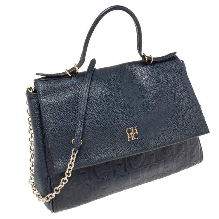 Pre Owned Carolina Herrera Navy Blue Leather Minuetto Flap Top Handle Bag
