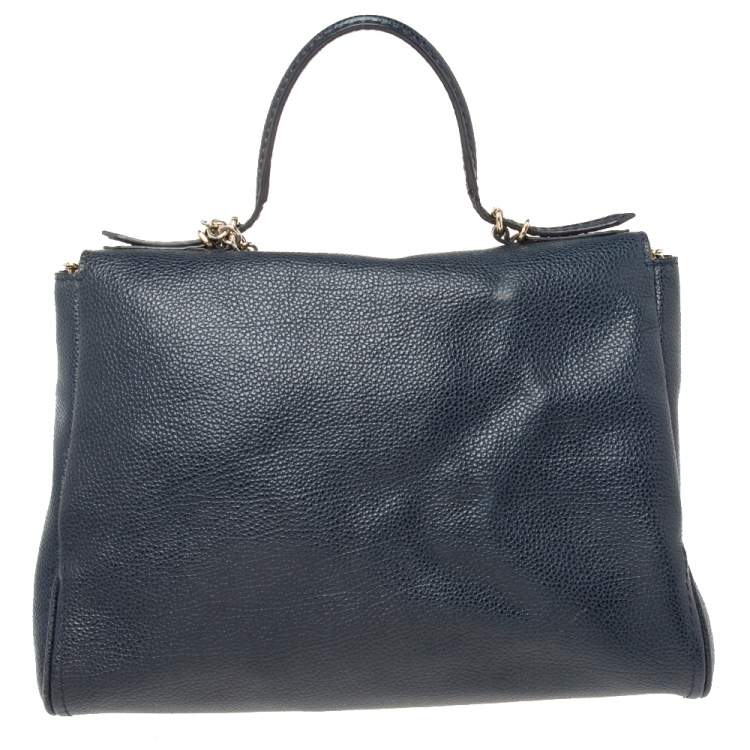 Pre Owned Carolina Herrera Navy Blue Leather Minuetto Flap Top Handle Bag