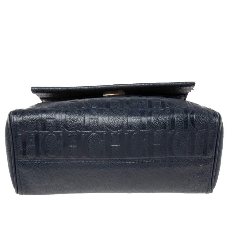 Pre Owned Carolina Herrera Navy Blue Leather Minuetto Flap Top Handle Bag