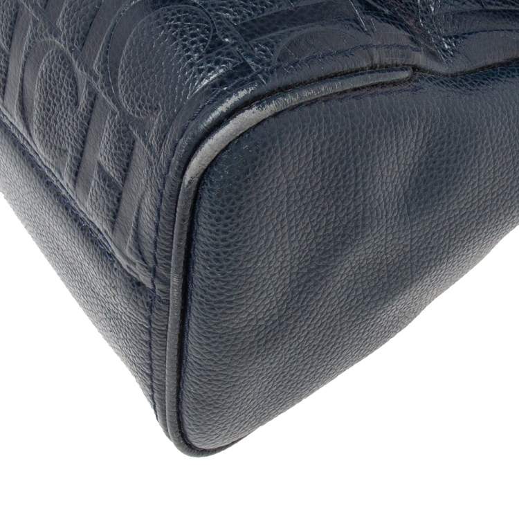 Pre Owned Carolina Herrera Navy Blue Leather Minuetto Flap Top Handle Bag