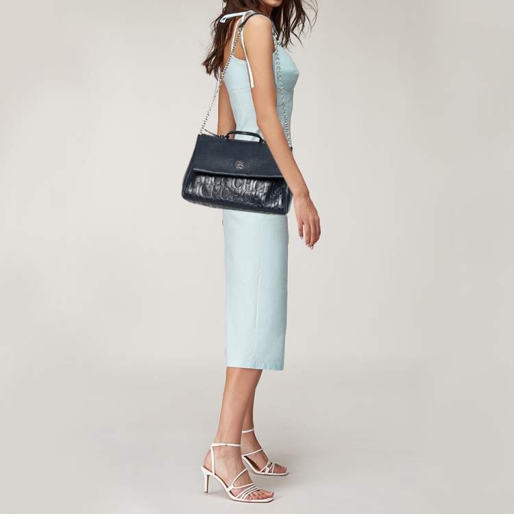 Pre Owned Carolina Herrera Navy Blue Leather Minuetto Flap Top Handle Bag