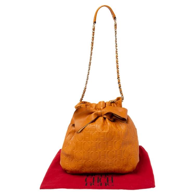 Pre Owned Carolina Herrera Orange Embossed Leather Bow Bucket Bag