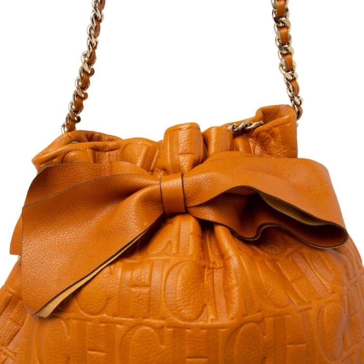 Pre Owned Carolina Herrera Orange Embossed Leather Bow Bucket Bag