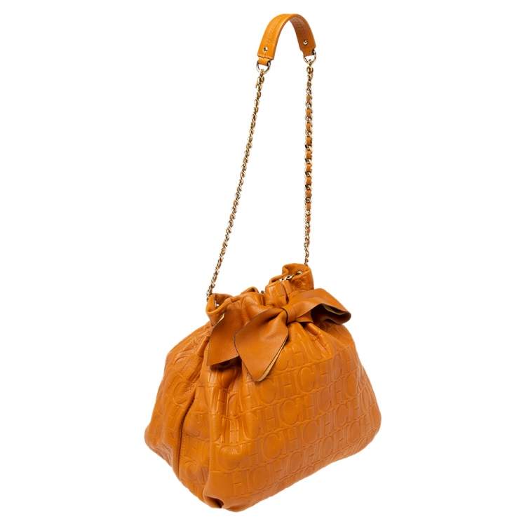 Pre Owned Carolina Herrera Orange Embossed Leather Bow Bucket Bag