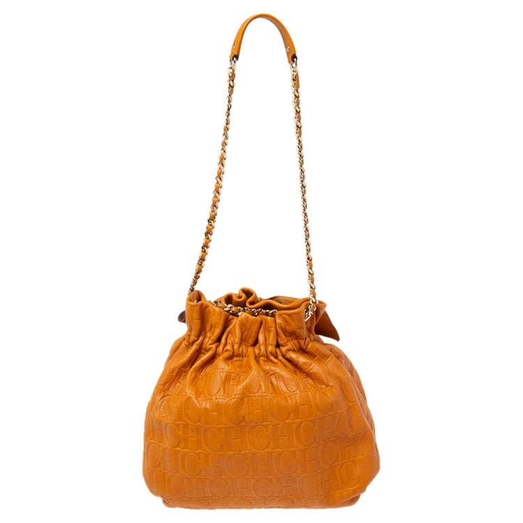 Pre Owned Carolina Herrera Orange Embossed Leather Bow Bucket Bag