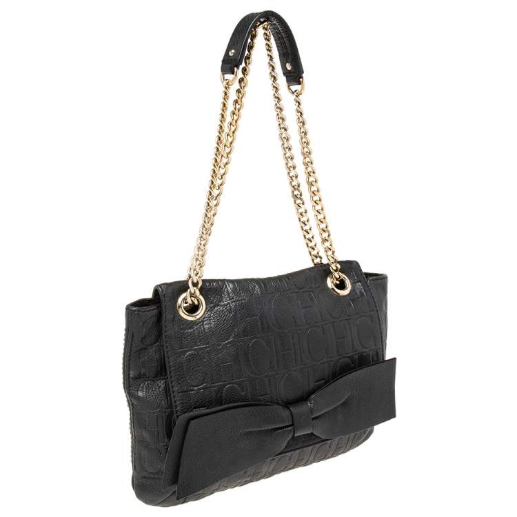 Pre Owned Carolina Herrera Black Monogram Embossed Leather Audrey Shoulder Bag