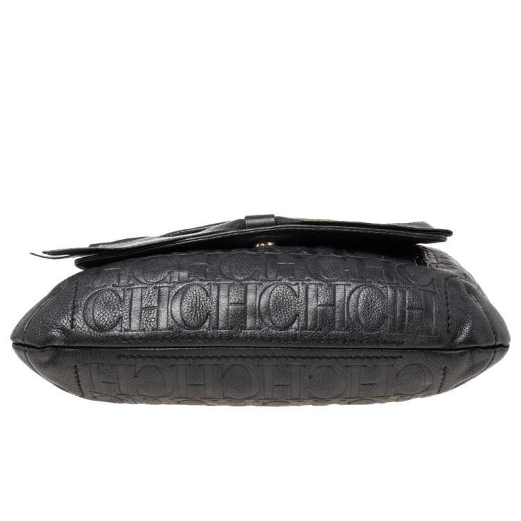 Pre Owned Carolina Herrera Black Monogram Embossed Leather Audrey Shoulder Bag