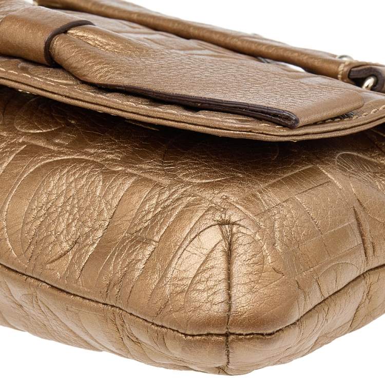 Pre Owned Carolina Herrera Gold Monogram Embossed Leather Audrey Bow Shoulder Bag