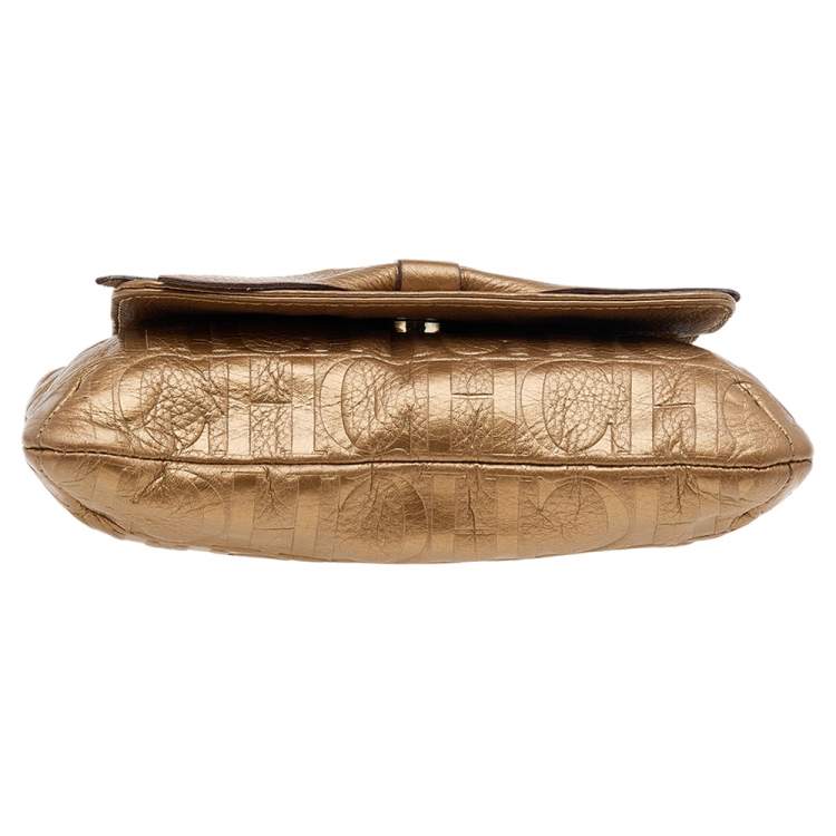 Pre Owned Carolina Herrera Gold Monogram Embossed Leather Audrey Bow Shoulder Bag