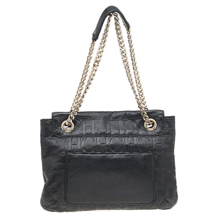 Pre Owned Carolina Herrera Black Monogram Embossed Leather Audrey Bow Flap Shoulder Bag