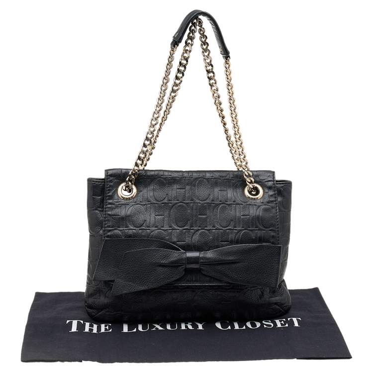 Pre Owned Carolina Herrera Black Monogram Embossed Leather Audrey Bow Flap Shoulder Bag