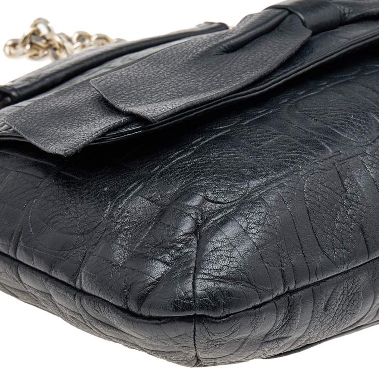 Pre Owned Carolina Herrera Black Monogram Embossed Leather Audrey Bow Flap Shoulder Bag