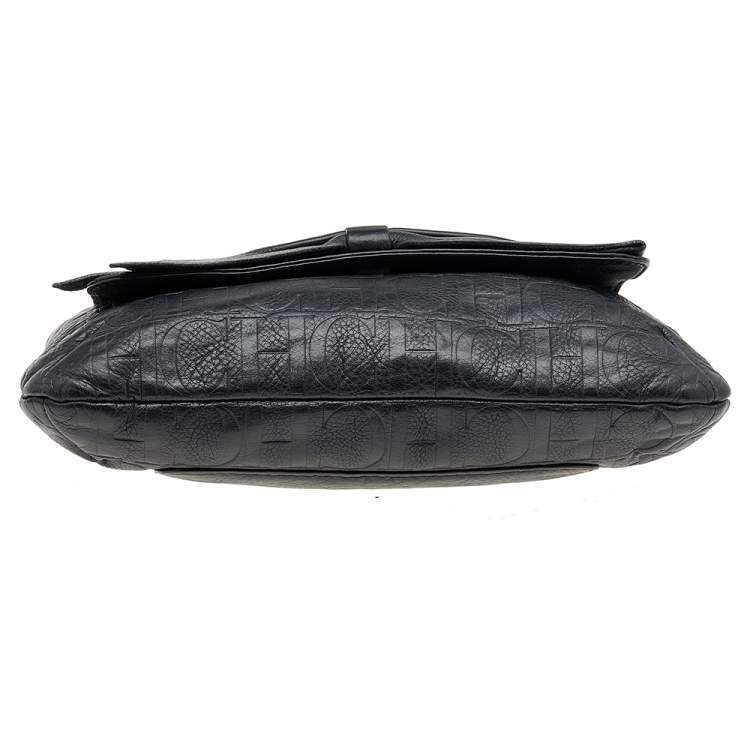 Pre Owned Carolina Herrera Black Monogram Embossed Leather Audrey Bow Flap Shoulder Bag