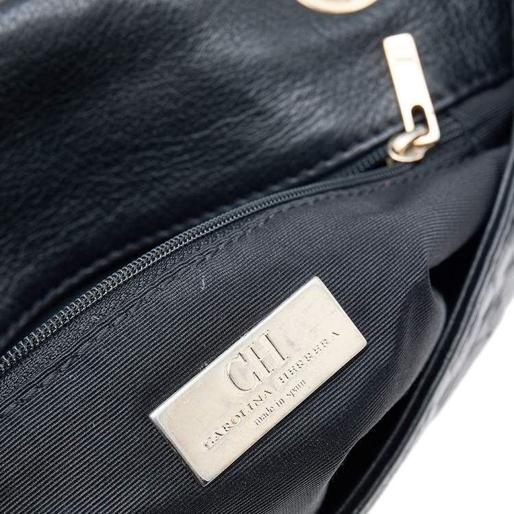 Pre Owned Carolina Herrera Black Monogram Embossed Leather Audrey Bow Flap Shoulder Bag