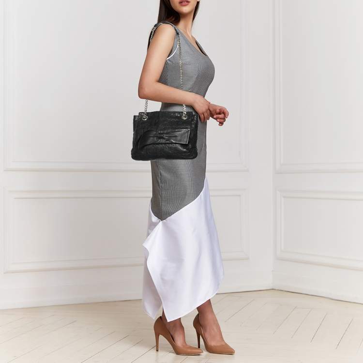 Pre Owned Carolina Herrera Black Monogram Embossed Leather Audrey Bow Flap Shoulder Bag