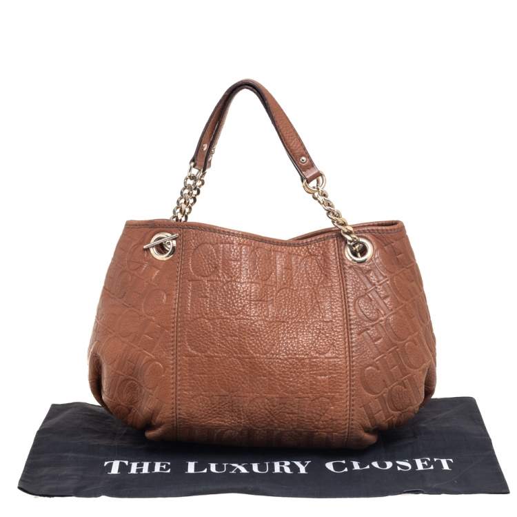 Pre Owned Carolina Herrera Brown Signature Embossed Leather Chain Hobo
