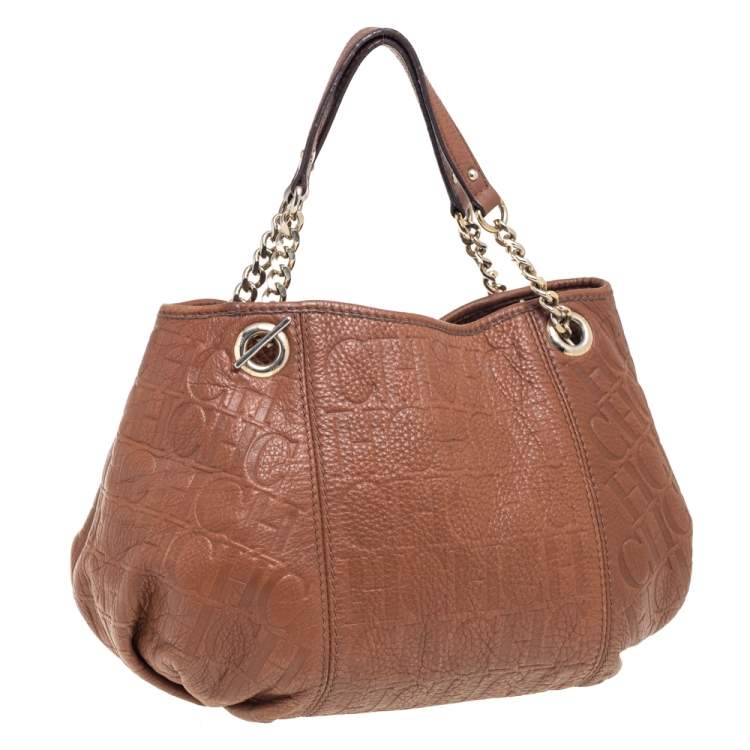 Pre Owned Carolina Herrera Brown Signature Embossed Leather Chain Hobo
