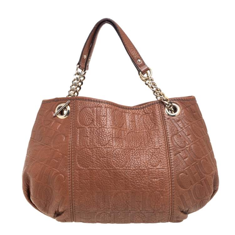 Pre Owned Carolina Herrera Brown Signature Embossed Leather Chain Hobo