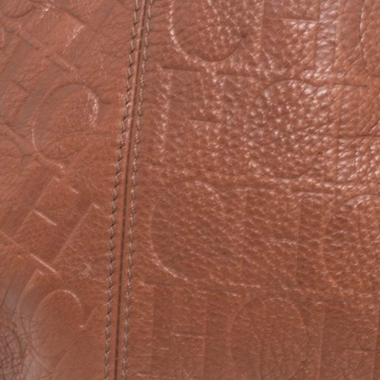 Pre Owned Carolina Herrera Brown Signature Embossed Leather Chain Hobo