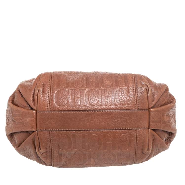 Pre Owned Carolina Herrera Brown Signature Embossed Leather Chain Hobo