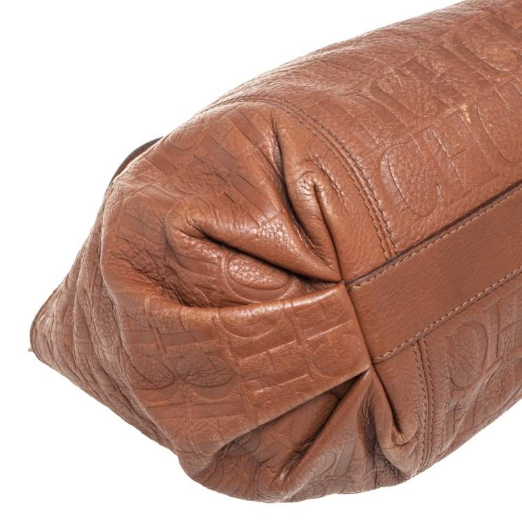 Pre Owned Carolina Herrera Brown Signature Embossed Leather Chain Hobo