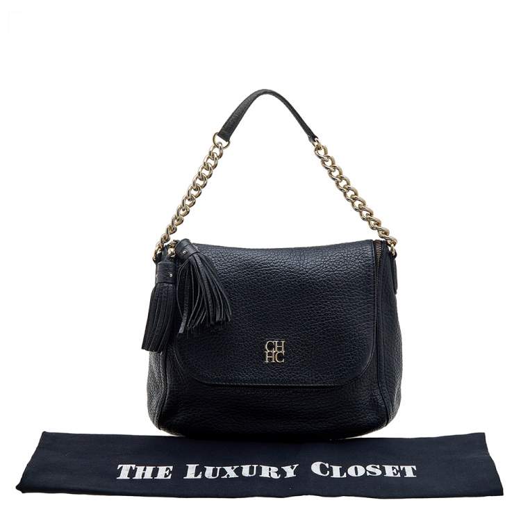 Pre Owned CH Carolina Herrera Black Leather Tassel Shoulder Bag
