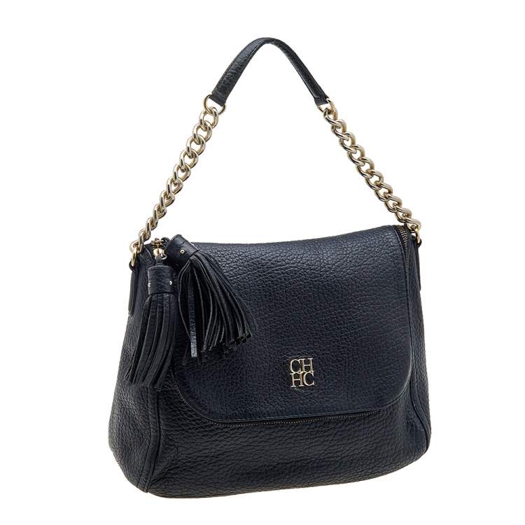Pre Owned CH Carolina Herrera Black Leather Tassel Shoulder Bag