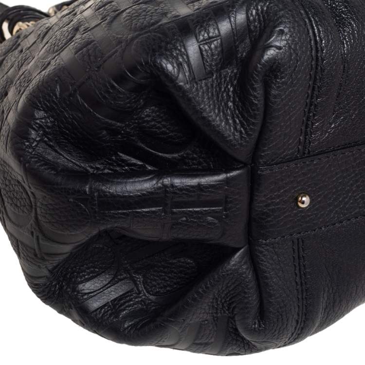 Pre Owned CH Carolina Herrera Black Monogram Leather Chain Hobo