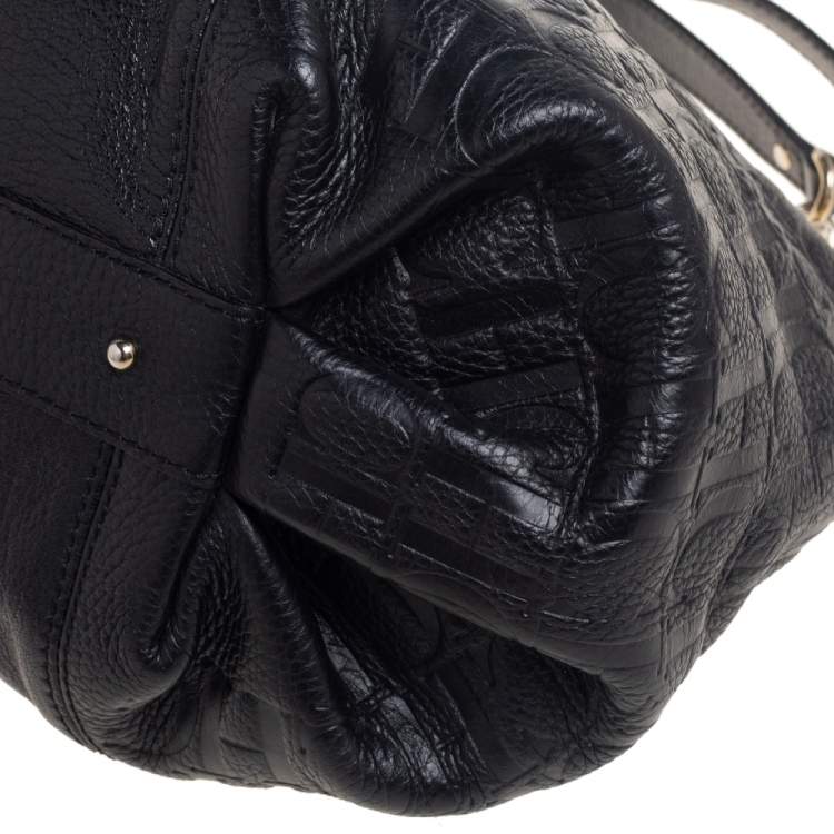 Pre Owned CH Carolina Herrera Black Monogram Leather Chain Hobo