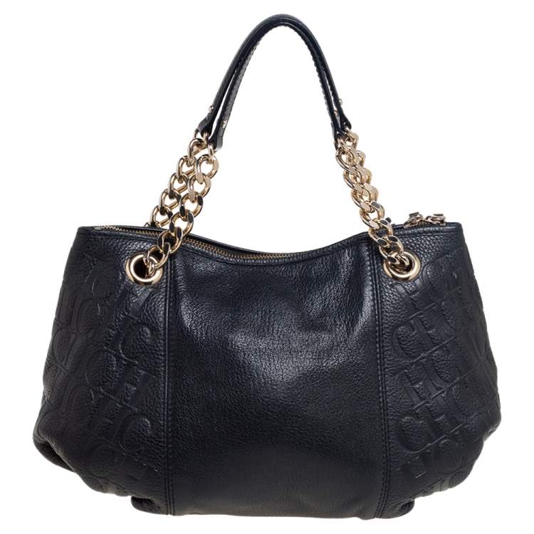Pre Owned CH Carolina Herrera Black Monogram Leather Chain Hobo