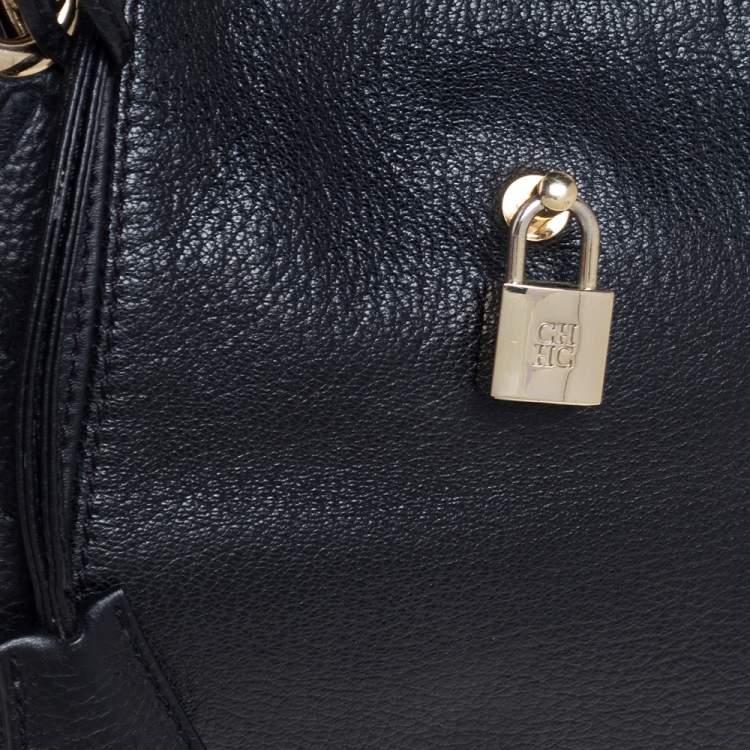 Pre Owned CH Carolina Herrera Black Monogram Leather Chain Hobo