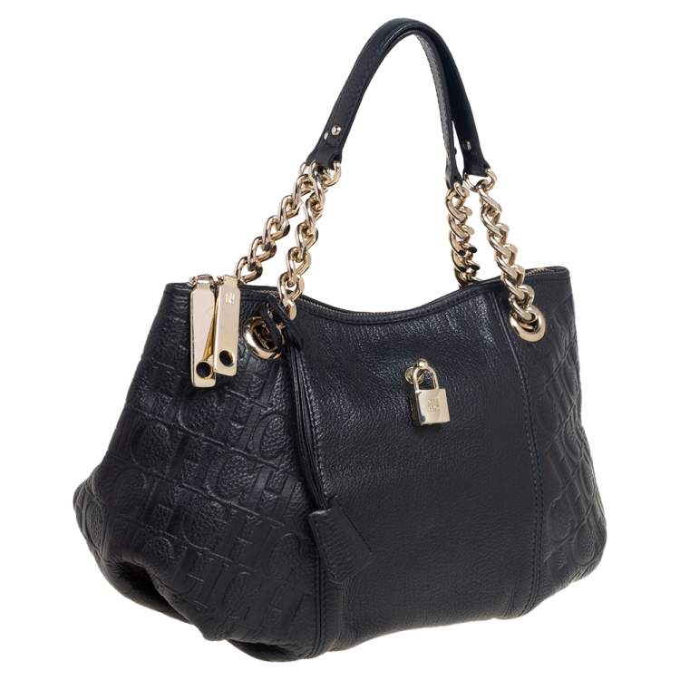 Pre Owned CH Carolina Herrera Black Monogram Leather Chain Hobo