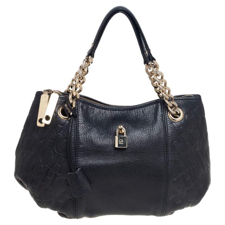 Pre Owned CH Carolina Herrera Black Monogram Leather Chain Hobo