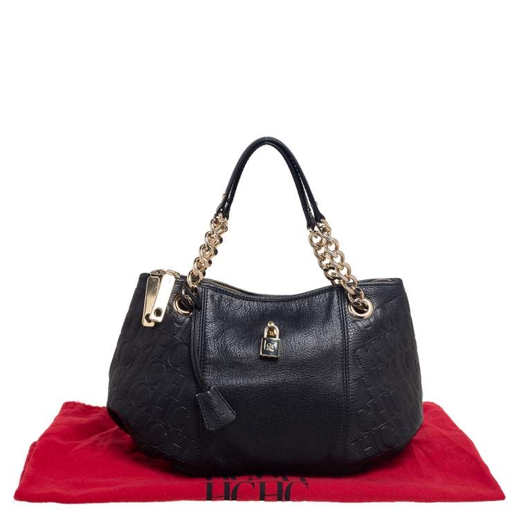Pre Owned CH Carolina Herrera Black Monogram Leather Chain Hobo
