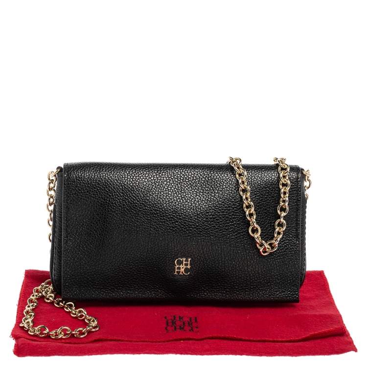 Pre Owned Carolina Herrera Black Leather Flap Chain Shoulder Bag
