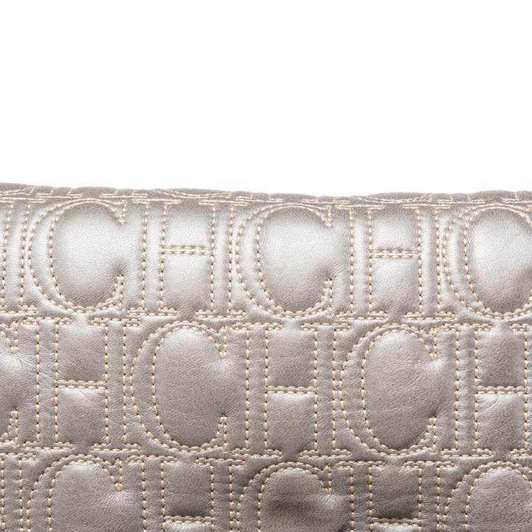 Pre Owned Carolina Herrera Grey Monogram Leather Flap Clutch