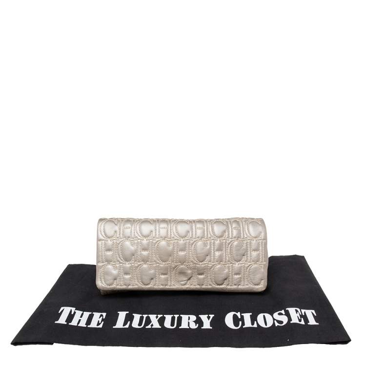 Pre Owned Carolina Herrera Grey Monogram Leather Flap Clutch