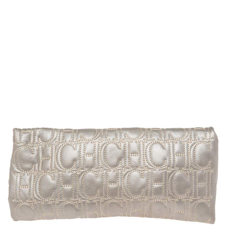 Pre Owned Carolina Herrera Grey Monogram Leather Flap Clutch