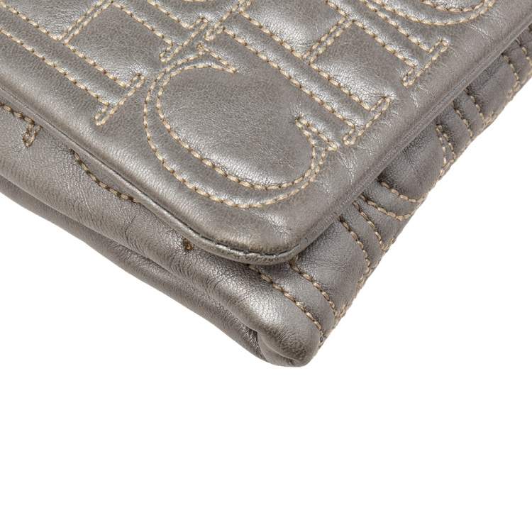 Pre Owned Carolina Herrera Grey Monogram Leather Flap Clutch