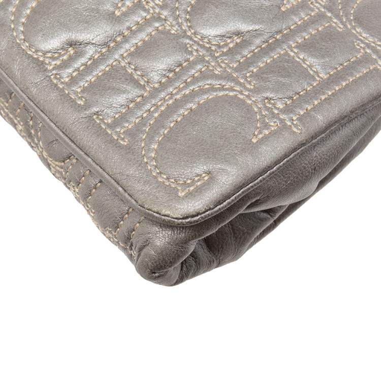 Pre Owned Carolina Herrera Grey Monogram Leather Flap Clutch