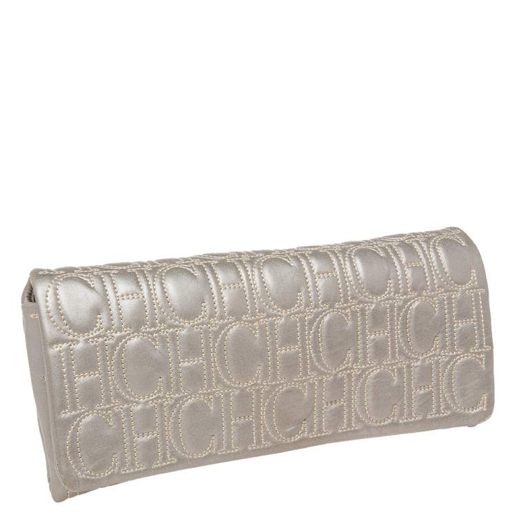Pre Owned Carolina Herrera Grey Monogram Leather Flap Clutch