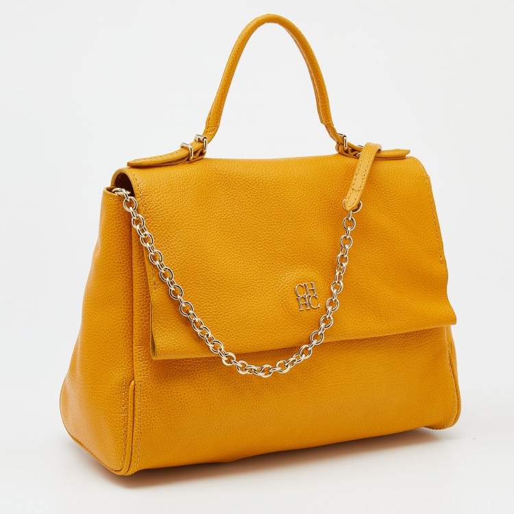 Pre Owned Carolina Herrera Yellow Leather Minuetto Flap Top Handle Bag