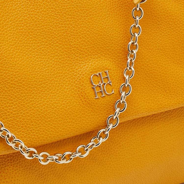 Pre Owned Carolina Herrera Yellow Leather Minuetto Flap Top Handle Bag